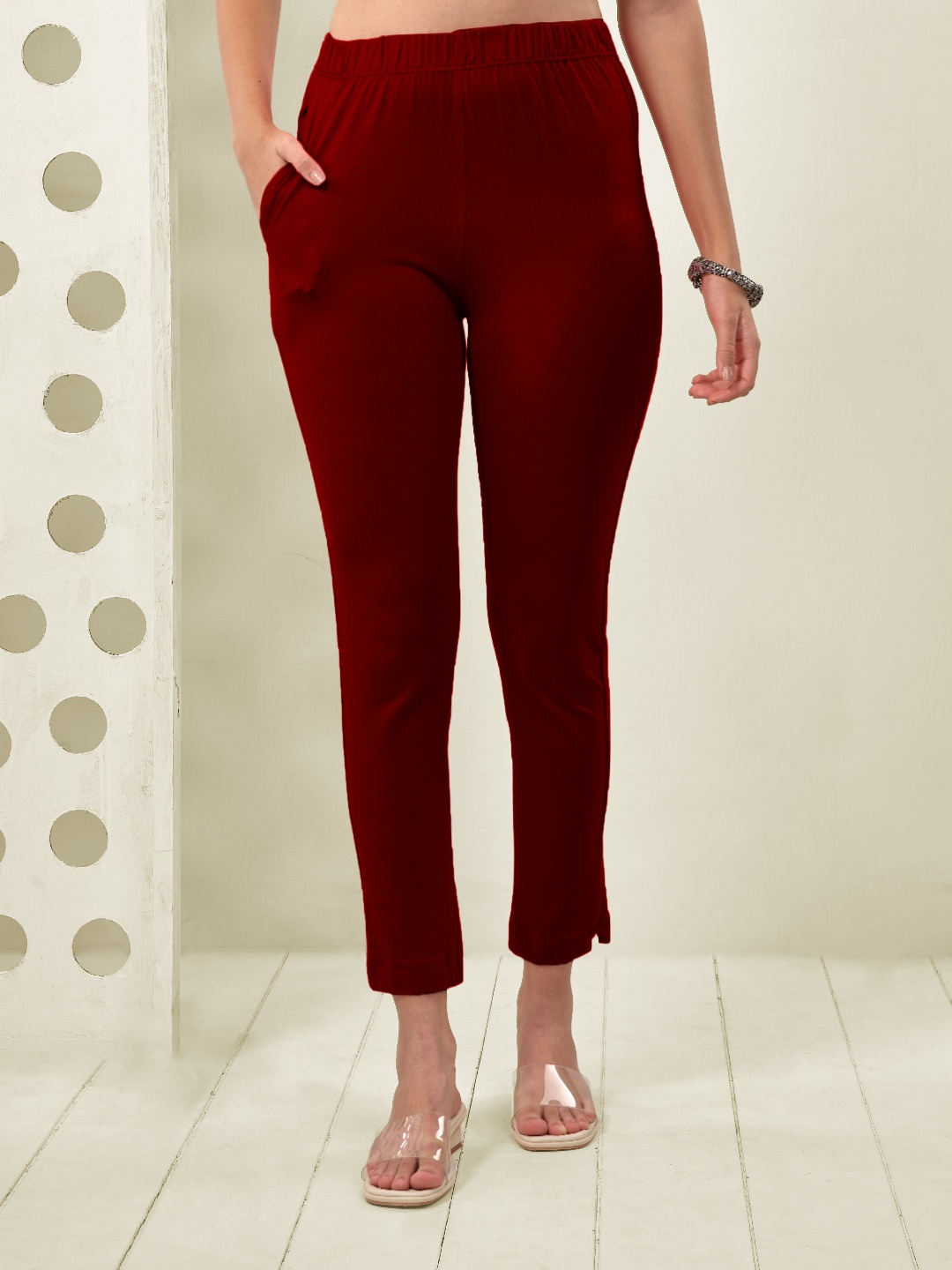 

LYRA Women Mid-Rise Original Fit Knitted Casual Cotton Trousers, Maroon