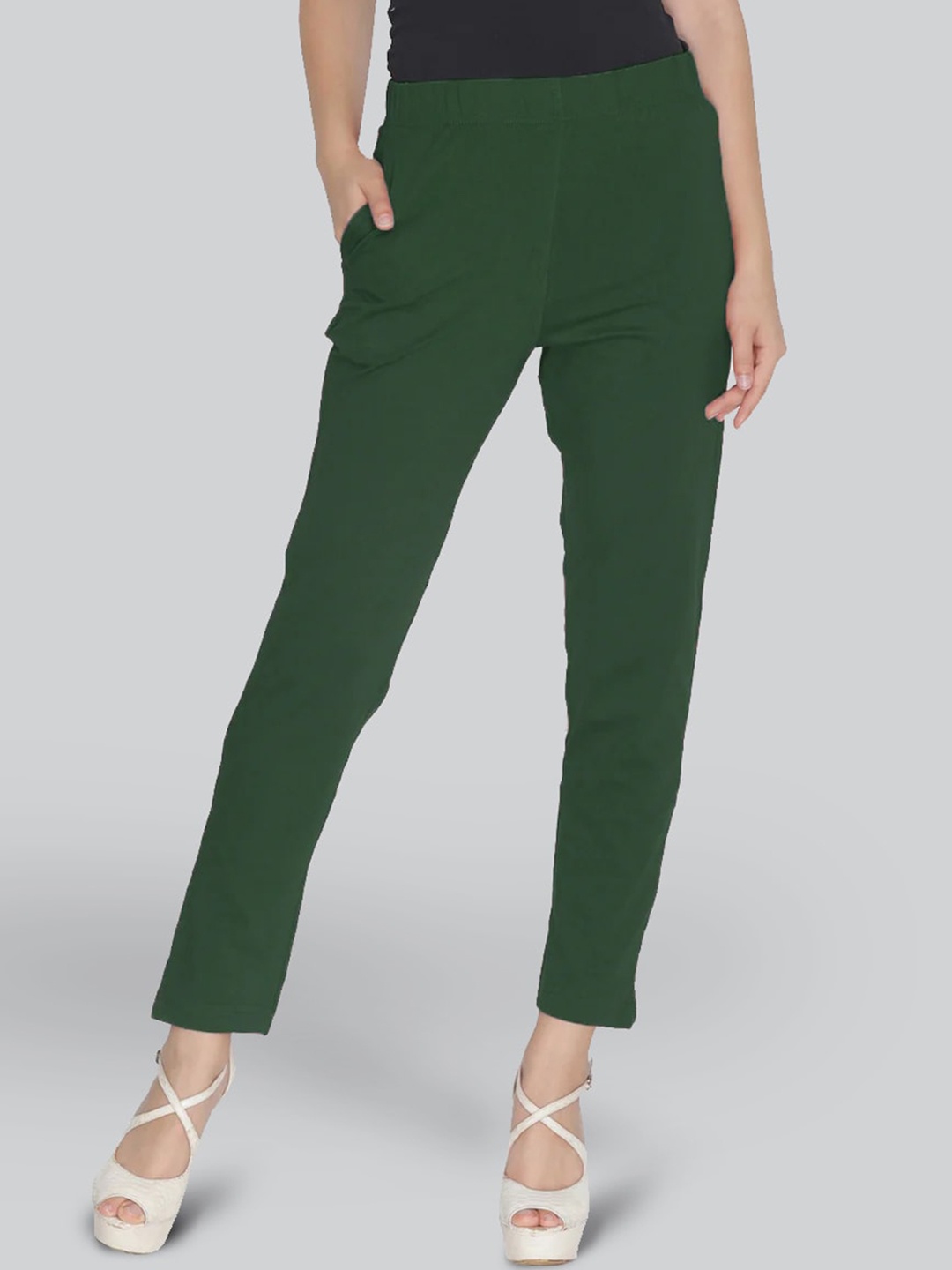 

LYRA Women Mid-Rise Original Fit Knitted Casual Cotton Trousers, Green