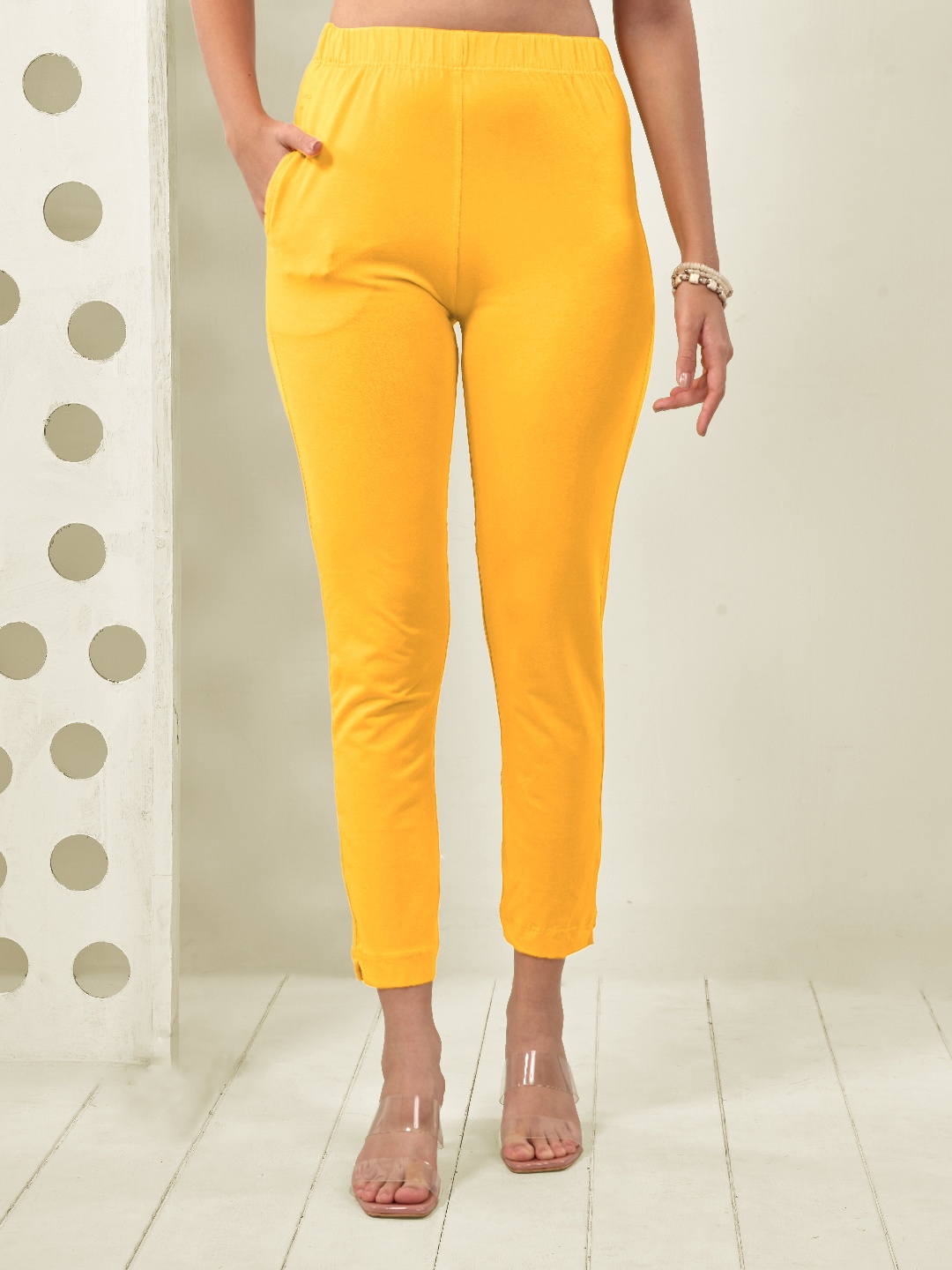 

LYRA Women Mid-Rise Original Fit Knitted Casual Cotton Trousers, Yellow