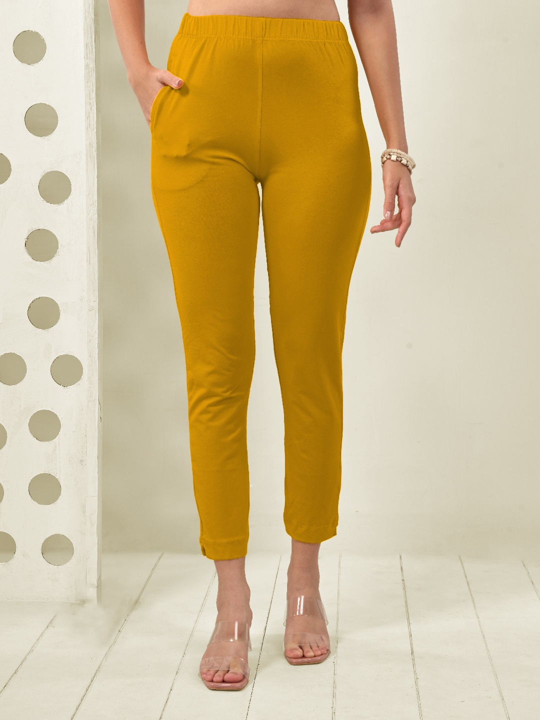 

LYRA Women Mid-Rise Original Fit Knitted Casual Cotton Trousers, Yellow