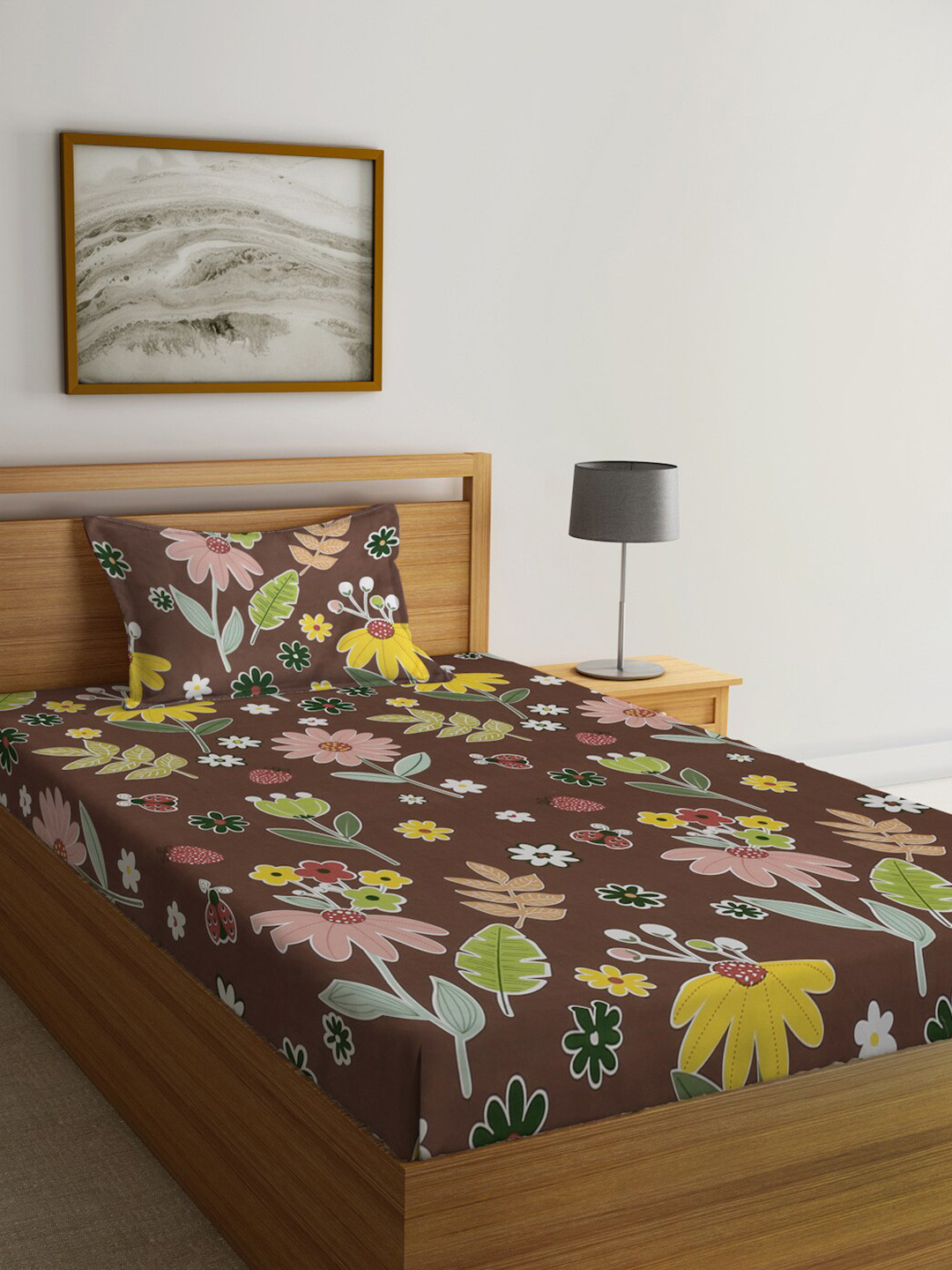 

KLOTTHE Brown Floral Printed 300 TC Single Bedsheet & Pillow Cover