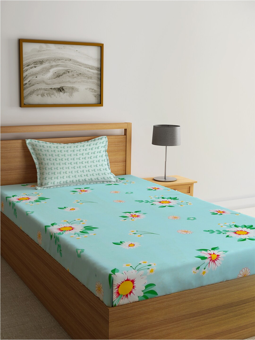 KLOTTHE Blue & Green Floral Printed 300 TC Single Bedsheet & 1 Pillow Cover