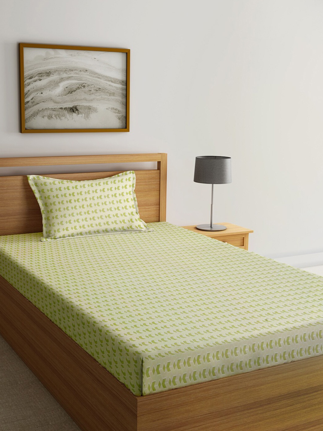 

KLOTTHE Olive Green & White Geometric 300 TC Single Bedsheet with Pillow Cover