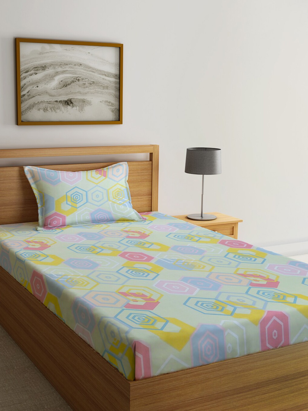 

KLOTTHE Green & Pink Printed 300 TC Single Bedsheet & 1 Pillow Cover