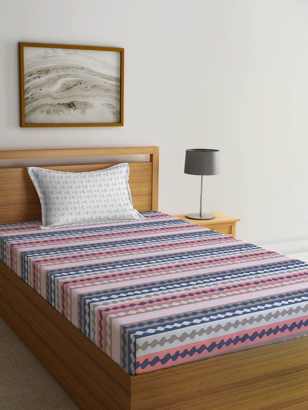 

KLOTTHE Pink & Blue Printed 300 TC Single Bedsheet & Pillow Cover