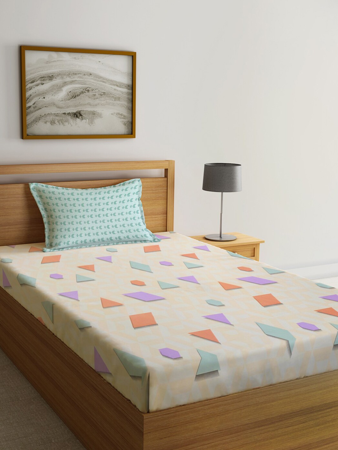 KLOTTHE Cream Colored & Purple Printed 300 TC Single Bedsheet & 1 Pillow Cover