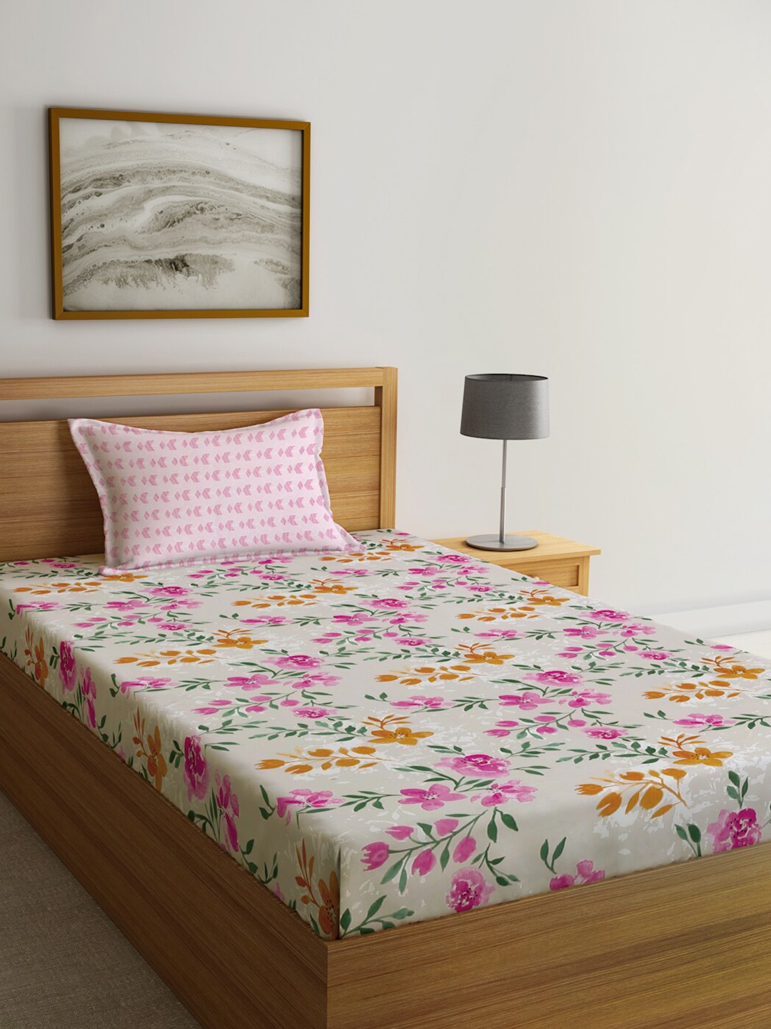 

KLOTTHE Pink & White Floral Printed 300TC Single Bedsheet With 1 Pillow Cover