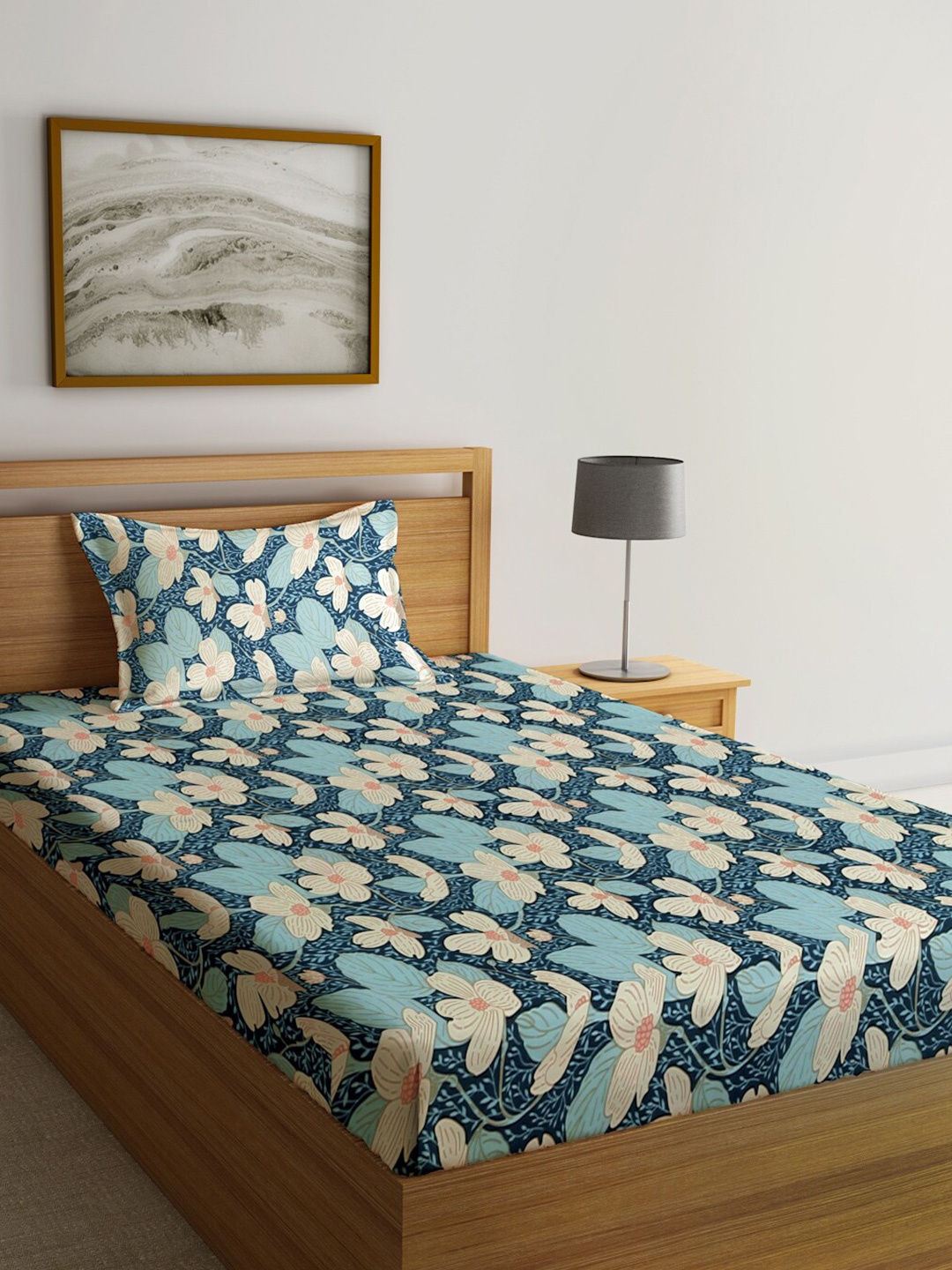 

KLOTTHE Blue & White Floral Printed 300TC Single Bedsheet With 1 Pillow Cover