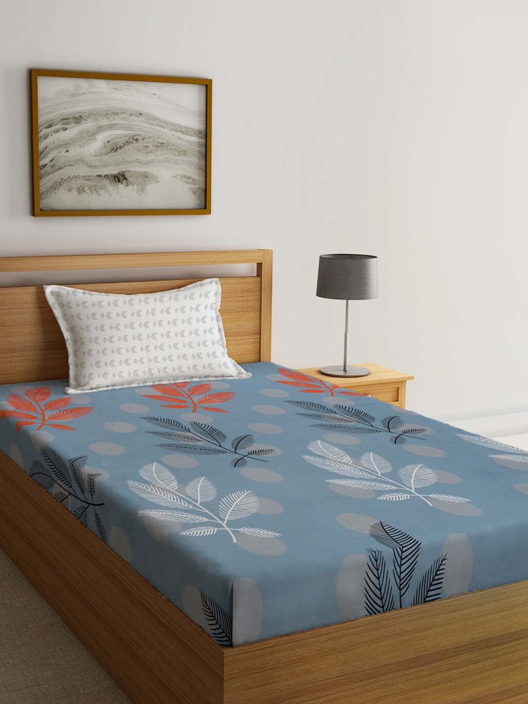 

KLOTTHE Blue & Orange Colored Floral Printed 300 TC Single Bedsheet & Pillow Cover
