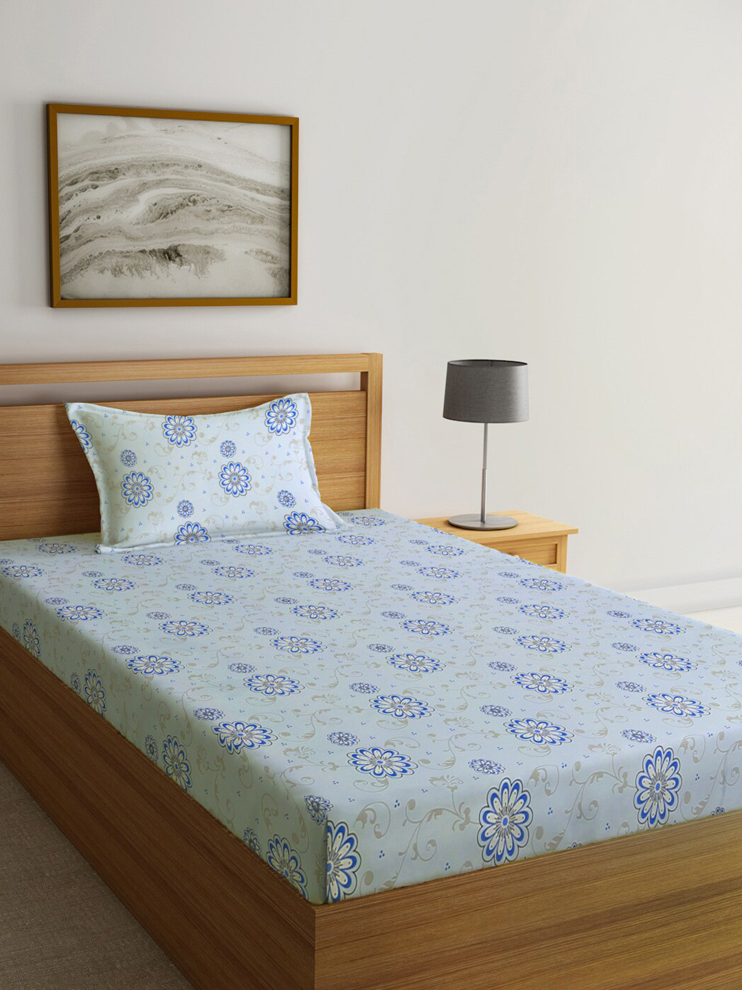 

KLOTTHE Blue & Brown Printed 300 TC Single Bedsheet & 1 Pillow Covers