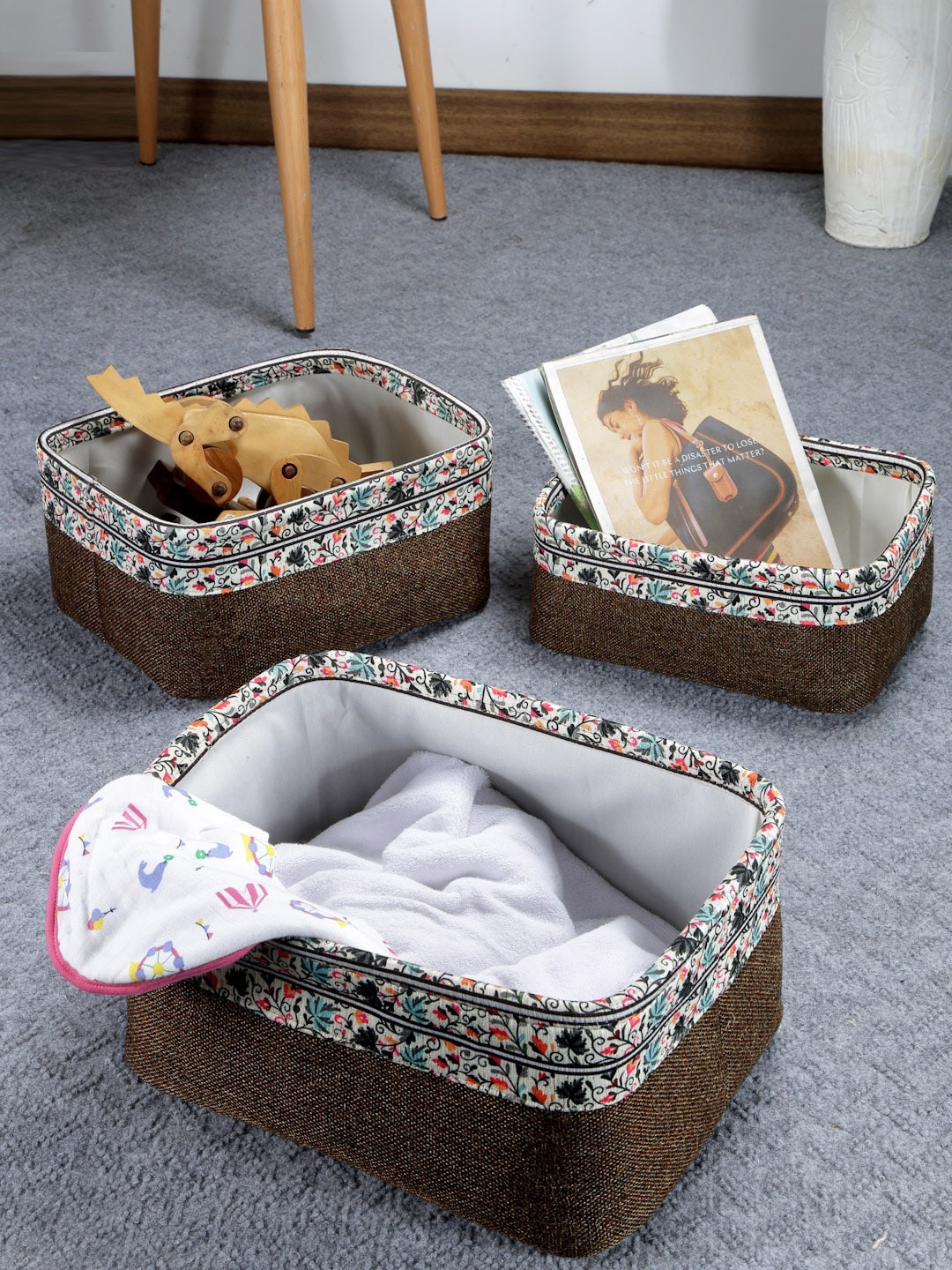 

FABINALIV 3 Pcs Brown & Grey Floral Printed Rectangular Multi Purpose Organisers