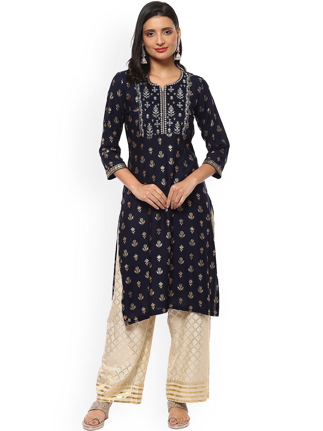 

Biba Floral Printed Regular Kurta With Palazzos, Navy blue