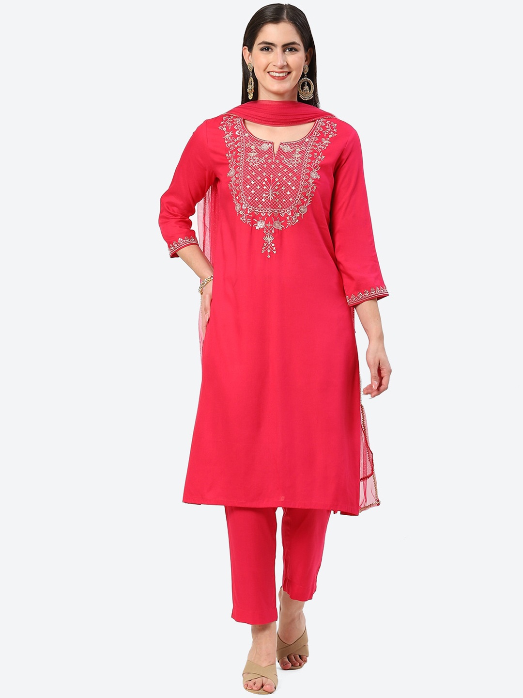 

Biba Floral Yoke Design Thread Work Kurta With Trousers & Dupatta, Pink