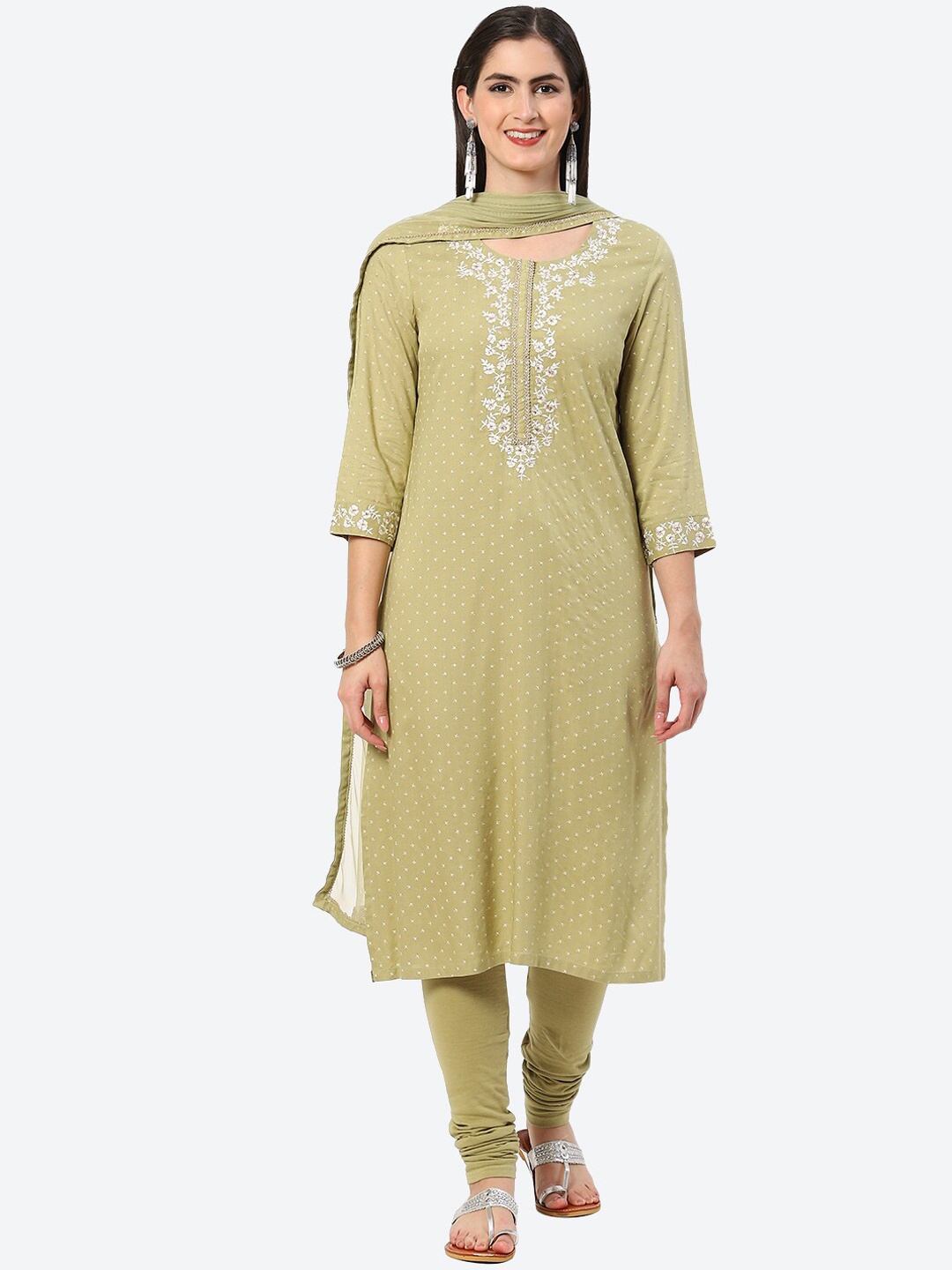 

Biba Floral Embroidered Gotta Patti Kurta with Churidar & Dupatta, Khaki