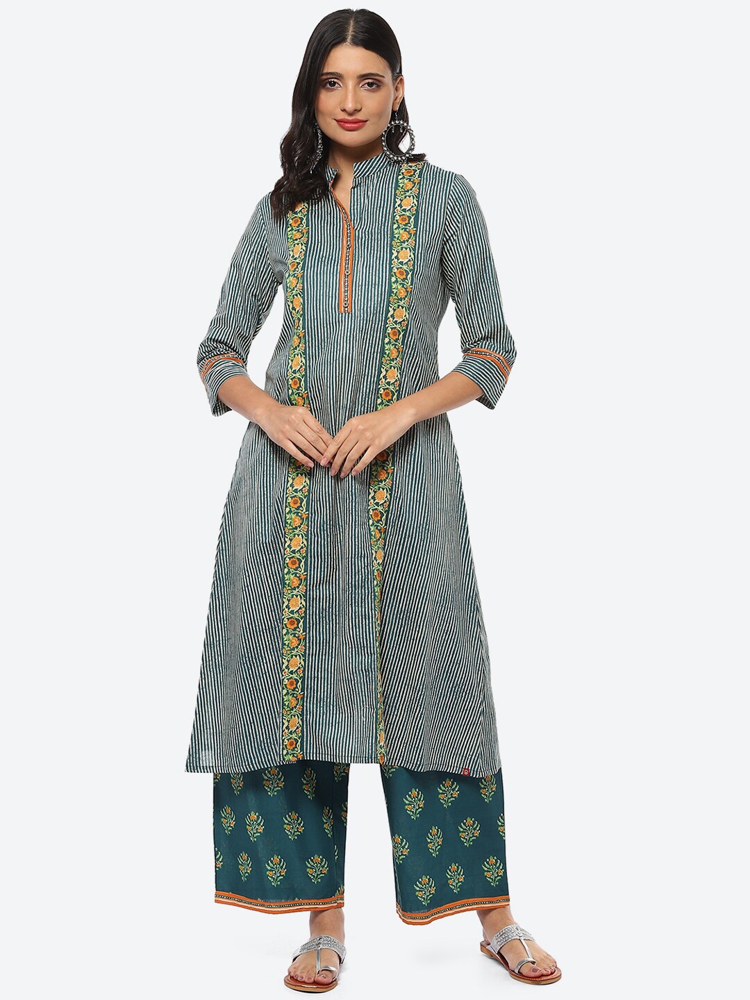 

Biba Striped Printed A-Line Pure Cotton Kurta With Palazzos, Blue