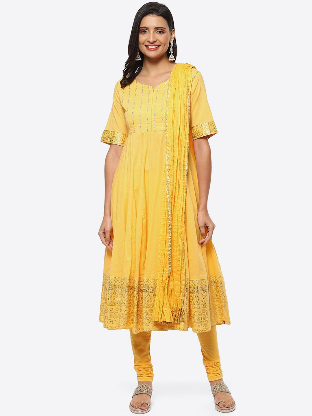 

Biba Women Ethnic Motifs Embroidered Empire Pure Cotton Kurta with Churidar & With Dupatta, Yellow