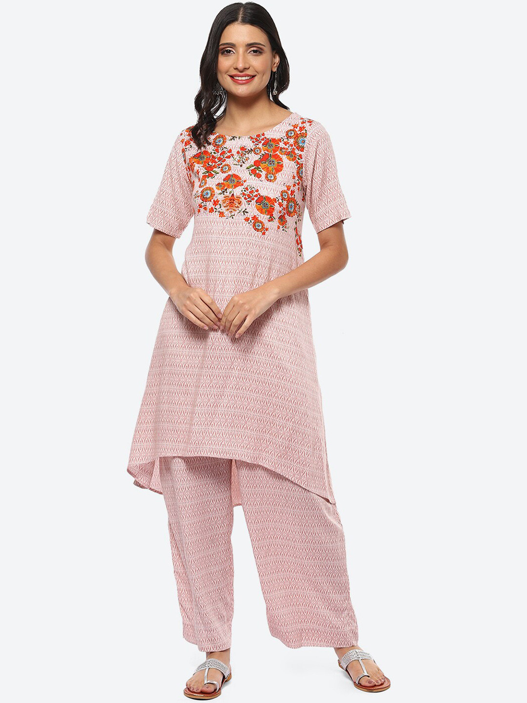 

Biba Floral Printed Kurta With Palazzos, Beige