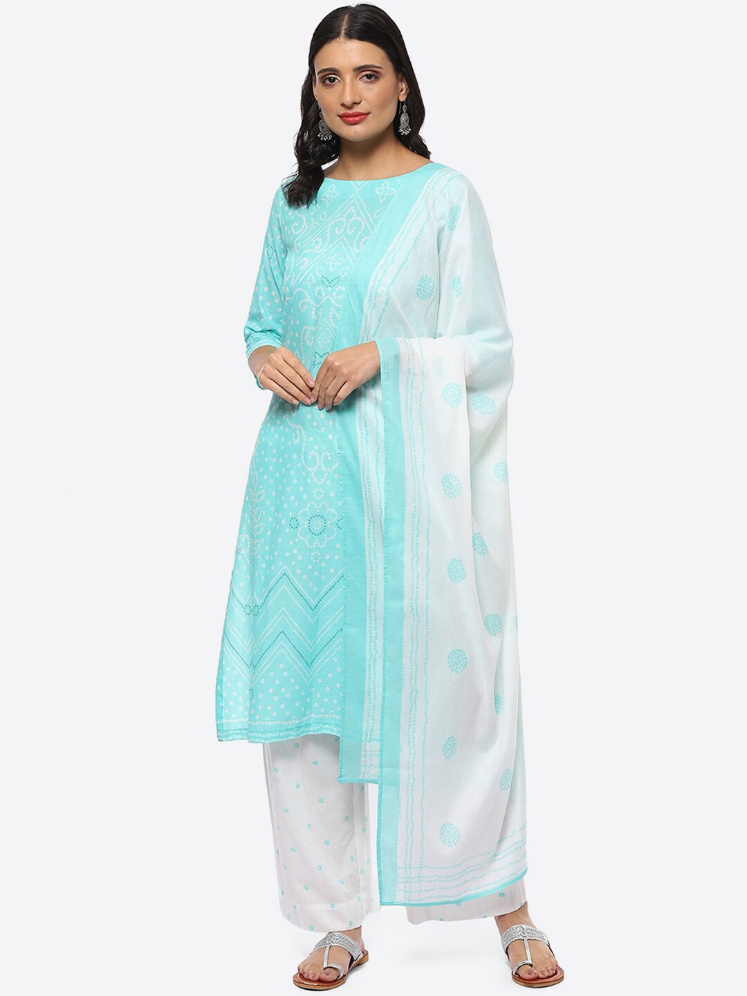 

Biba Bandhani Printed Regular Pure Cotton Kurta With Palazzos & Dupatta, Blue