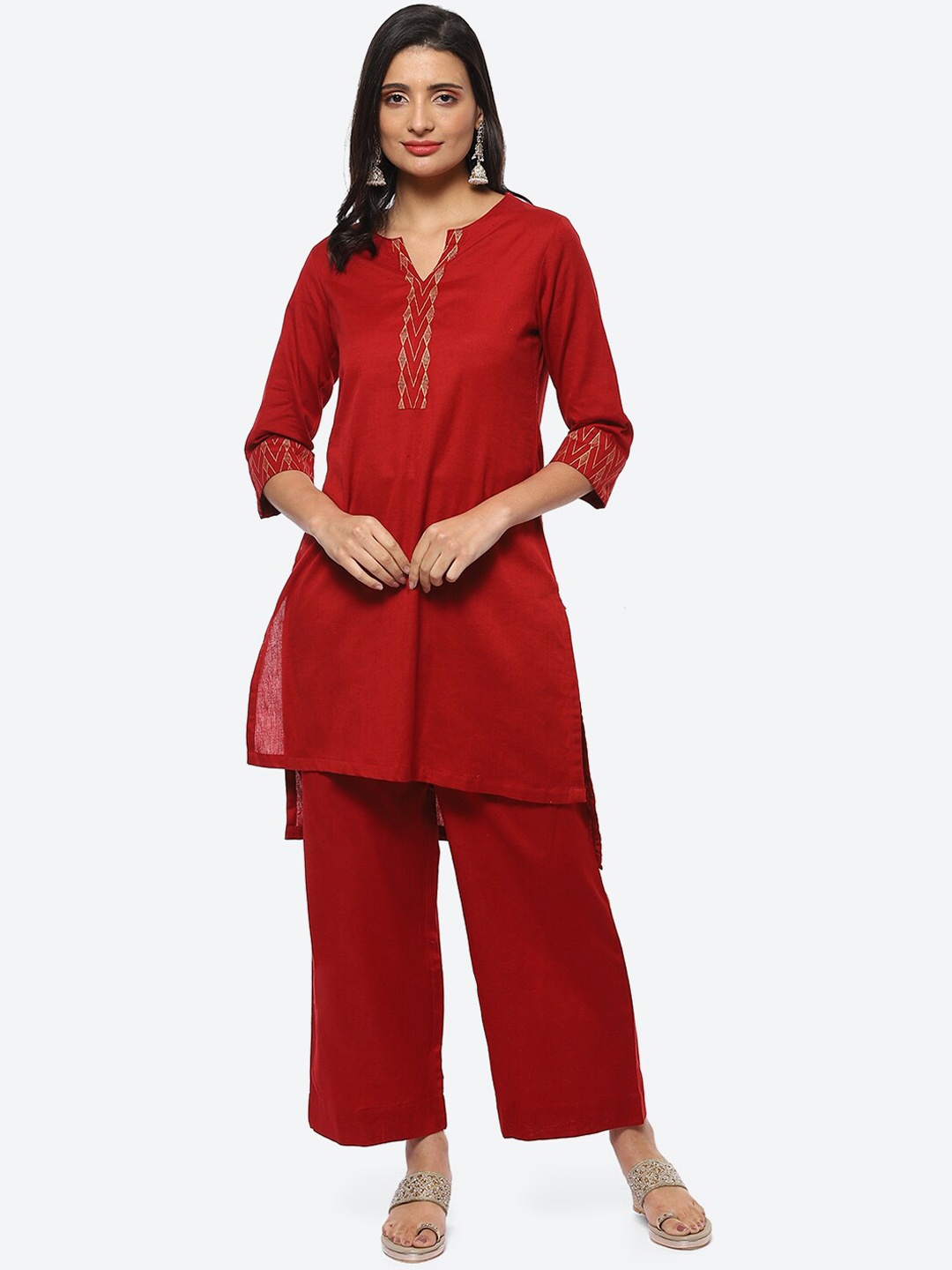 

Biba Notched Neck High-Low Hem Kurta With Palazzos, Red