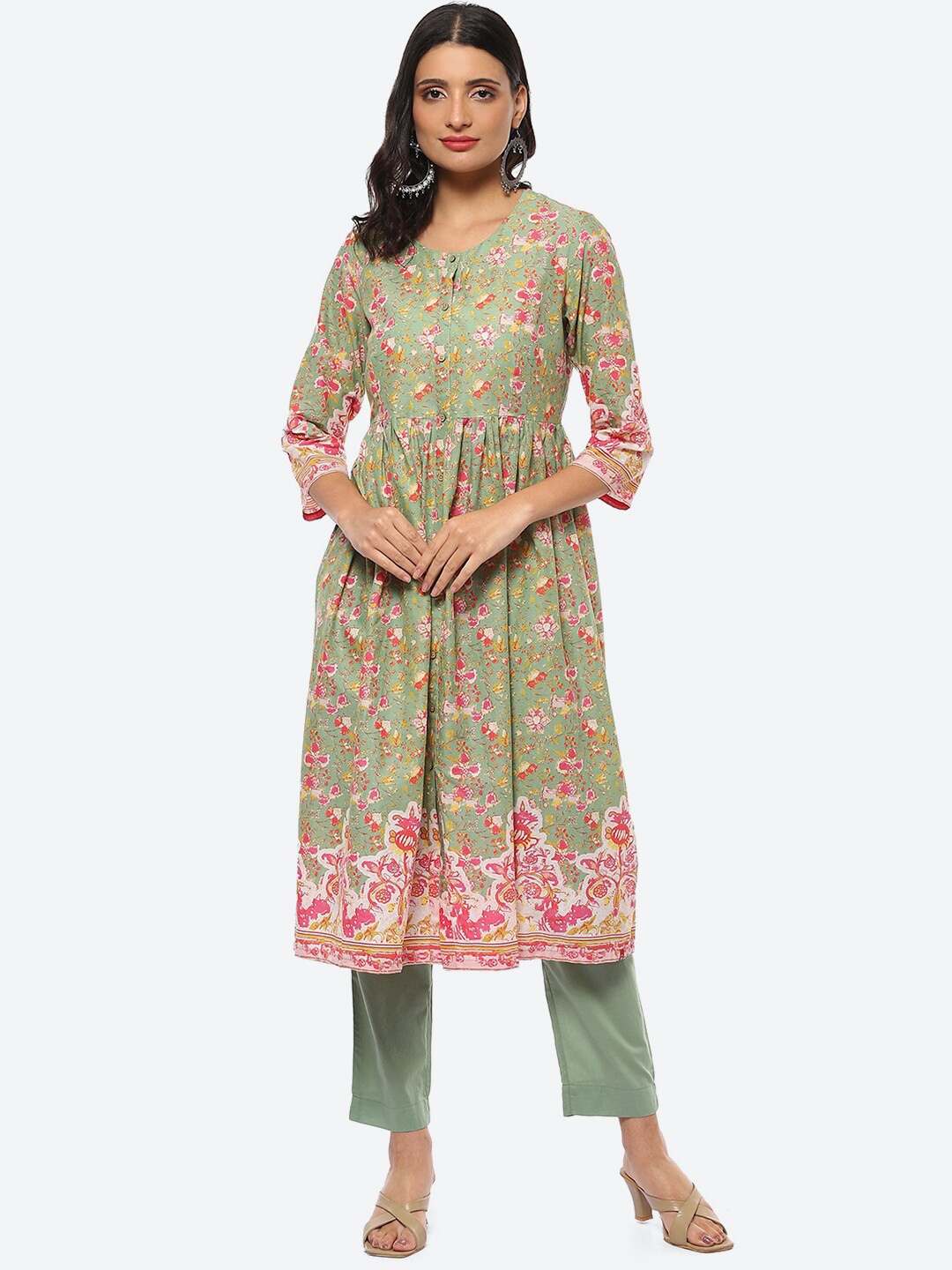 

Biba Floral Printed Empire Pure Cotton A-Line Kurta with Trousers, Green