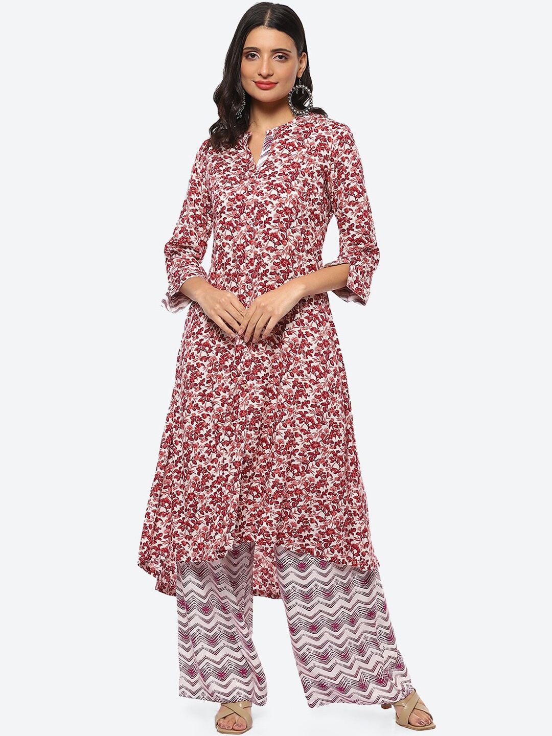 

Biba Band Collar Floral Printed Regular Kurta with Palazzos, Magenta