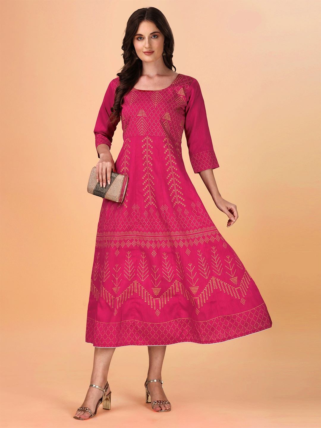 

Paralians Ethnic Motifs Print A-Line Midi Dress, Pink