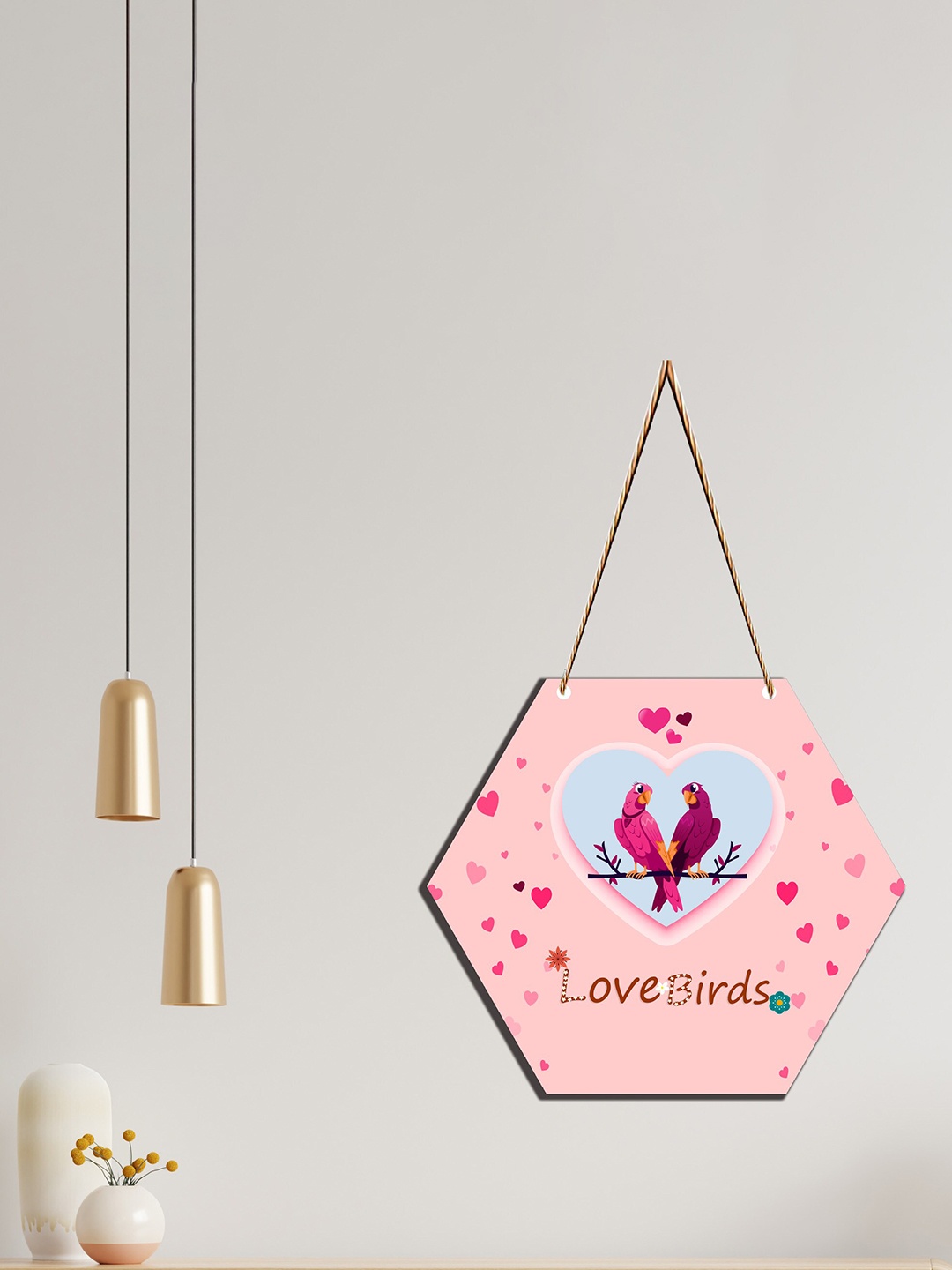 

SAF Rose Pink & Blue Love Couple Hexagon Design Wooden Wall Hanging With Zardoori String