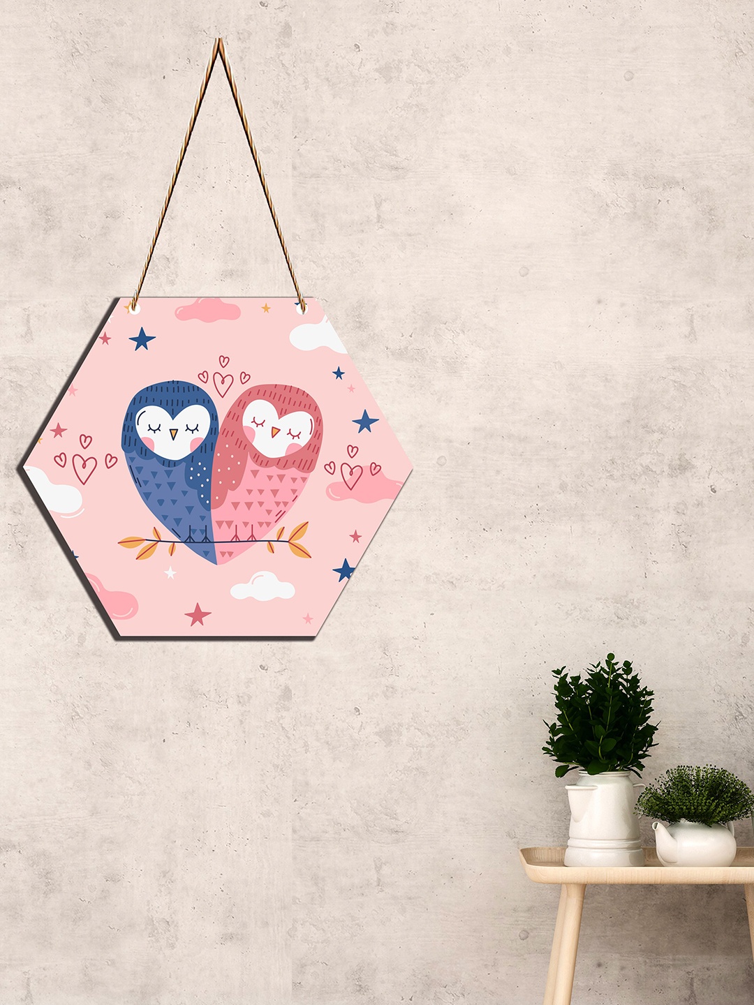 

SAF Pink & Blue Love Couple Printed Hexagon Shaped Wooden wall hanging With Zardoori