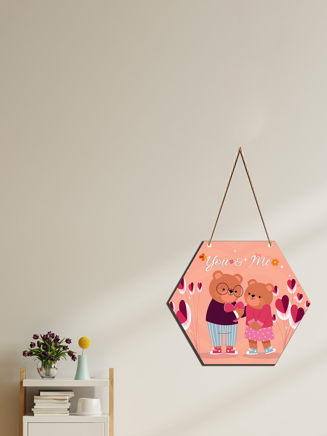 

SAF Peach-Colored & Pink Love Couple Hexagon Design Wooden Wall Hanging With Zardoori Stri