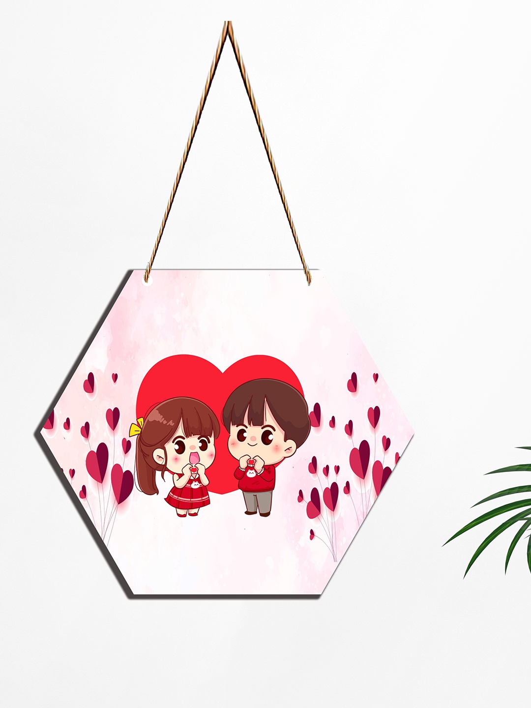 

SAF Pink & Red Love Couple Printed Hexagon Shaped Wooden wall hanging With Zardoori