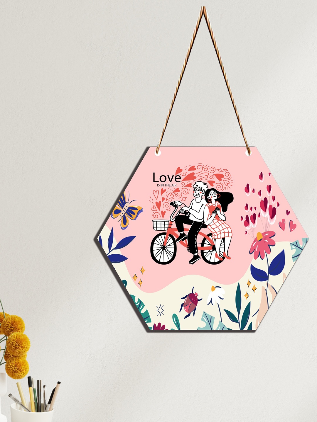 

SAF Light Pink & White Love Couple Hexagon Design Wooden Wall Hanging With Zardoori String