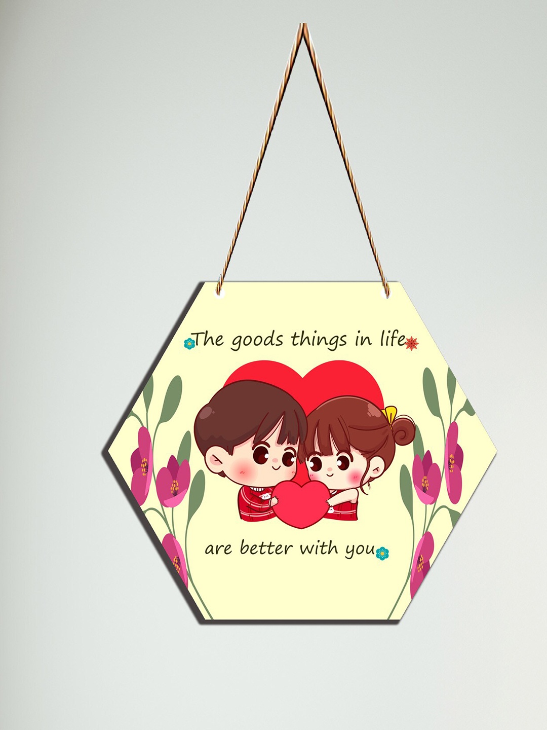 

SAF Yellow & Red Love Couple Printed Hexagon Shaped Wooden wall hanging With Zardoori