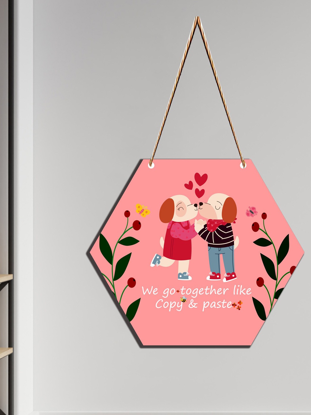 

SAF Peach-Colored Hexagon Design Wooden Wall Hanging With Zardoori String