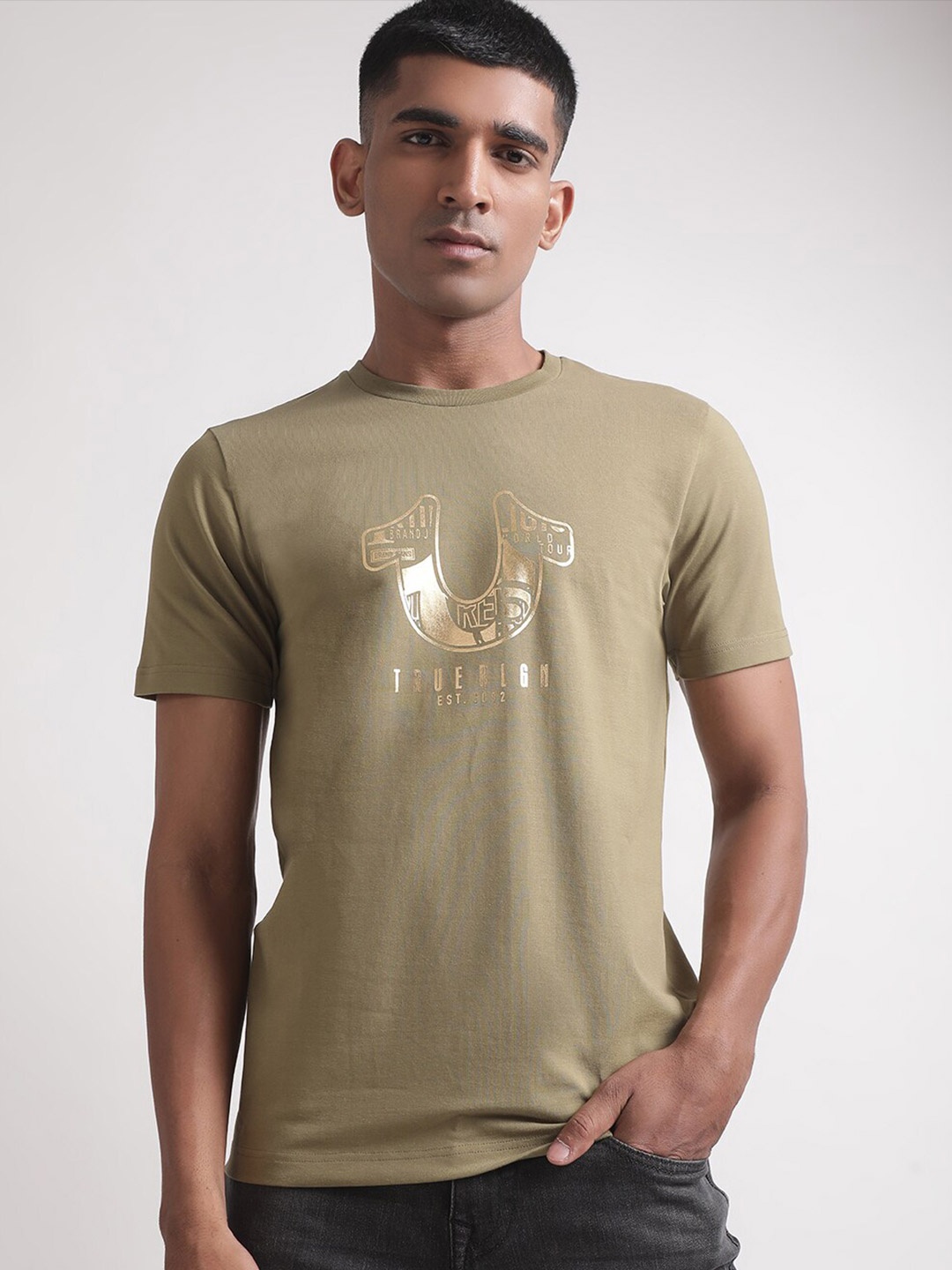 True Religion Typography Printed Cotton T-shirt, Olive