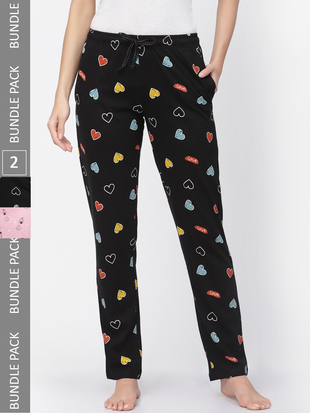 

Sweet Dreams Women Black & Pink Pack Of 2 Printed Pure Cotton Lounge Pants