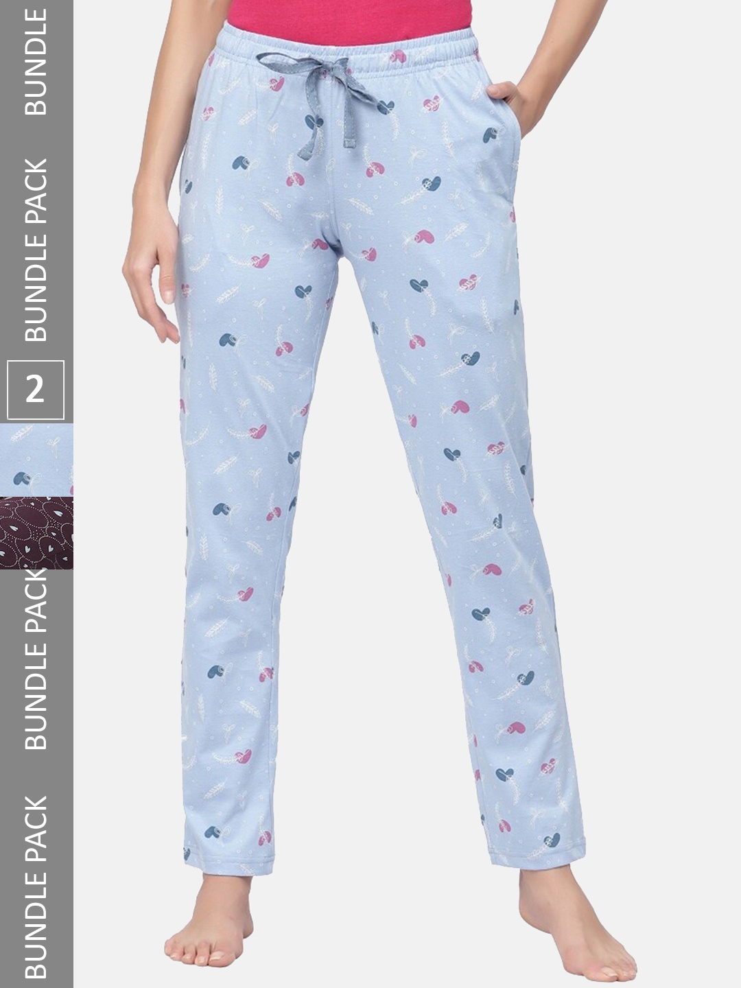 

Sweet Dreams Women Pack Of 2 Mid-Rise Printed Pure Cotton Lounge Pants, Burgundy