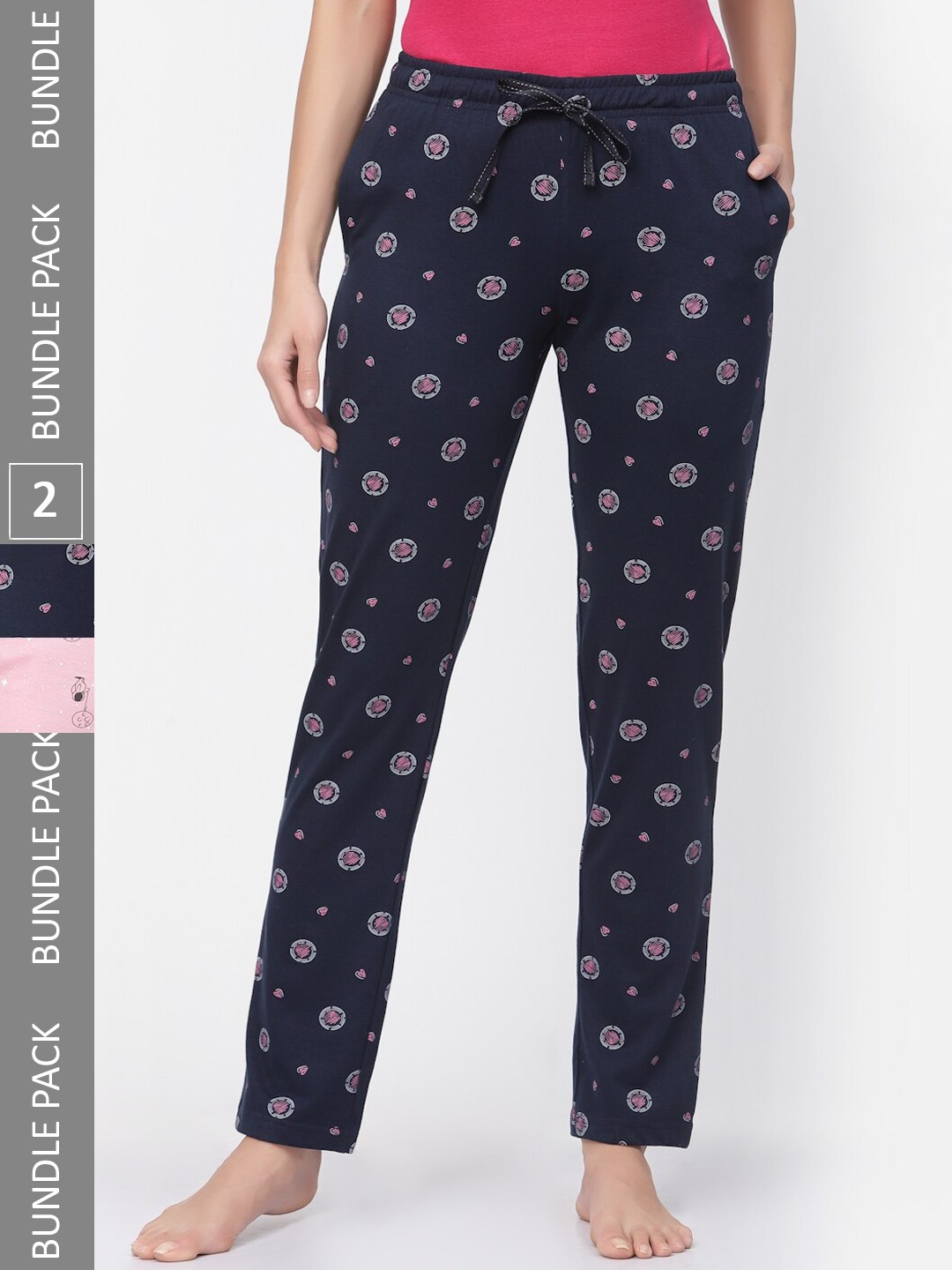

Sweet Dreams Women Navy Blue & Pink Pack Of 2 Printed Pure Cotton Lounge Pants