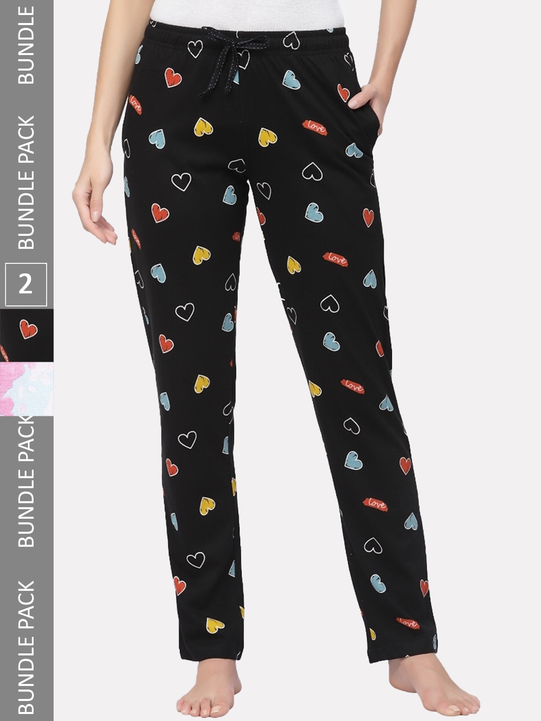 

Sweet Dreams Women Black & Pink Pack Of 2 Printed Pure Cotton Lounge Pants