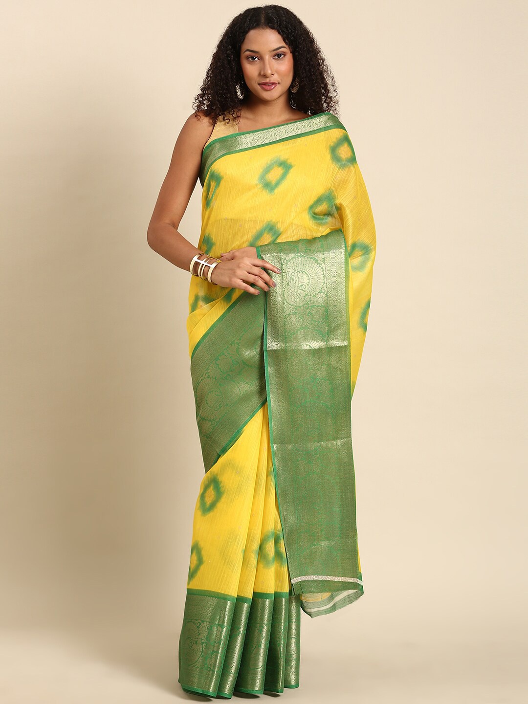 

Anouk Yellow & Green Tie and Dye Zari Bandhani Saree