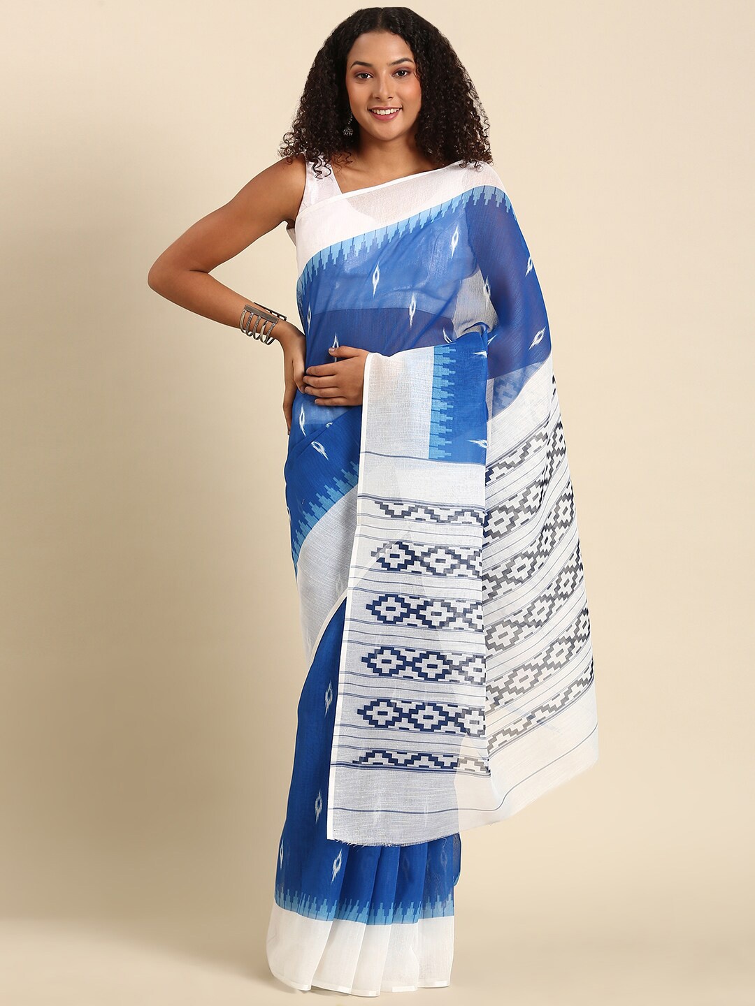 

Anouk Blue & White Ethnic Motifs Printed Saree