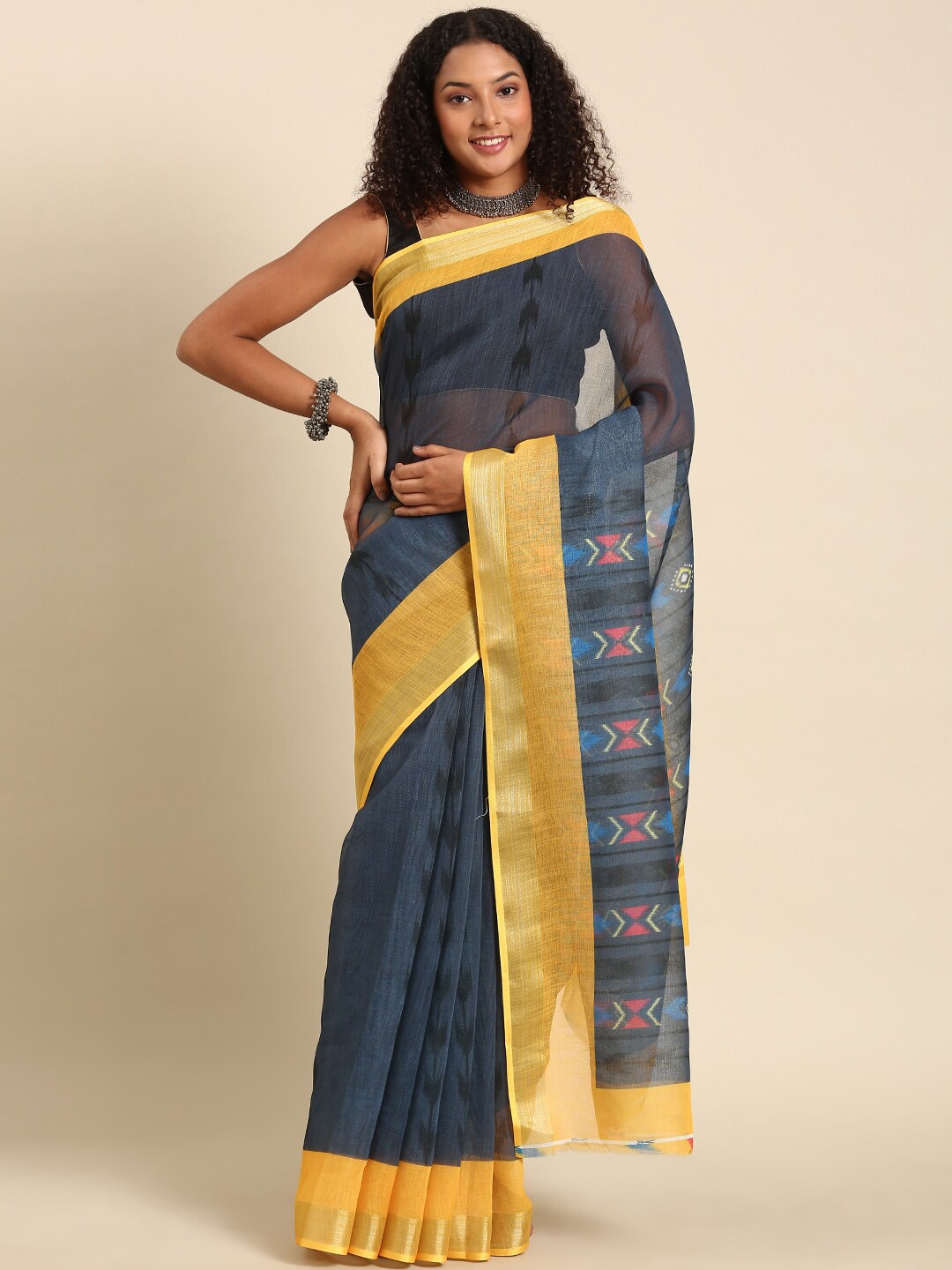 

Anouk Grey & Yellow Ethnic Motifs Zari Printed Saree