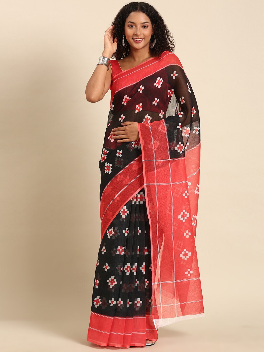

Anouk Black & Red Ethnic Motifs Printed Saree