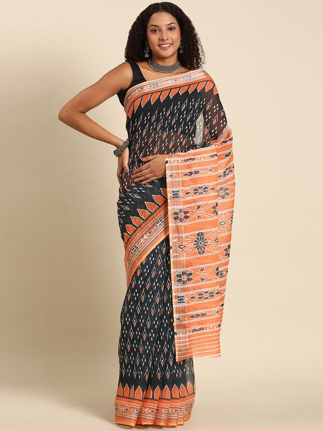 

Anouk Black & Peach-Coloured Ethnic Motifs Zari Printed Saree