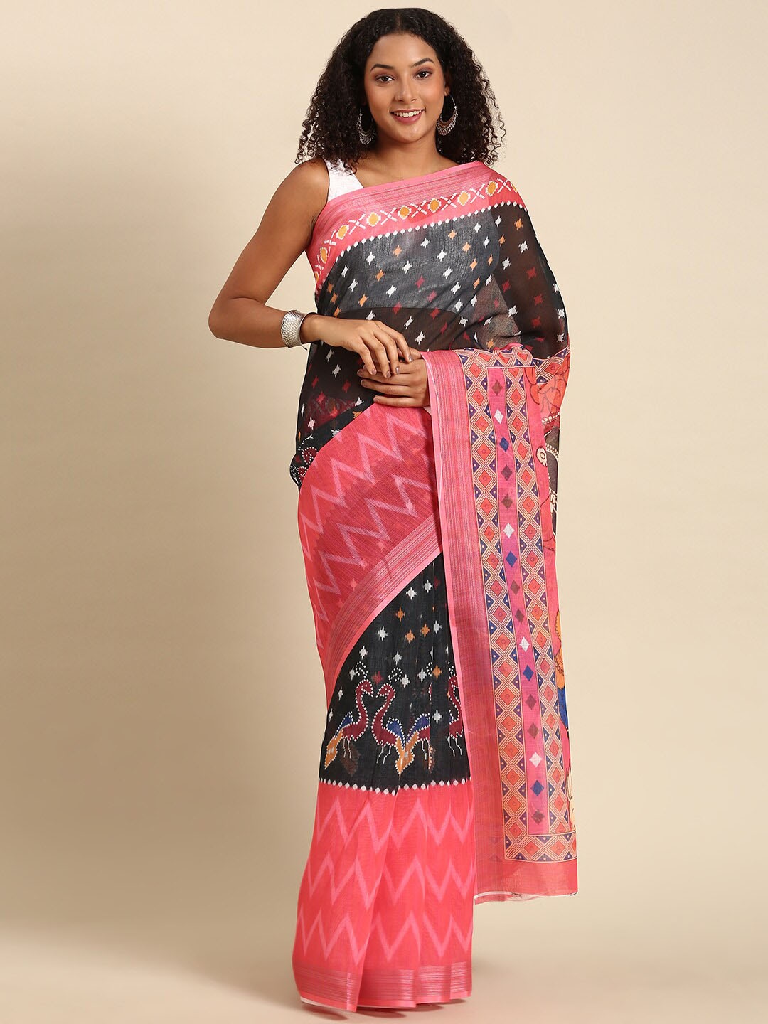 

Anouk Black & Pink Ethnic Motifs Zari Printed Saree