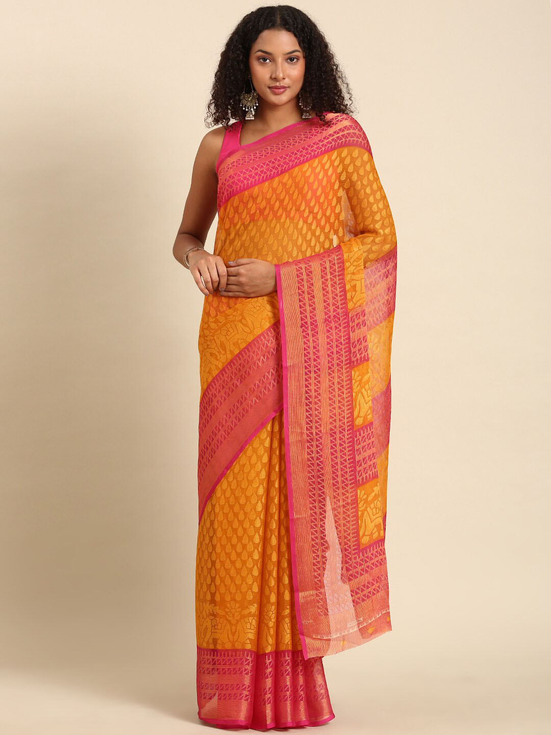 

Anouk Mustard & Red Ethnic Woven Design Pure Chiffon Saree