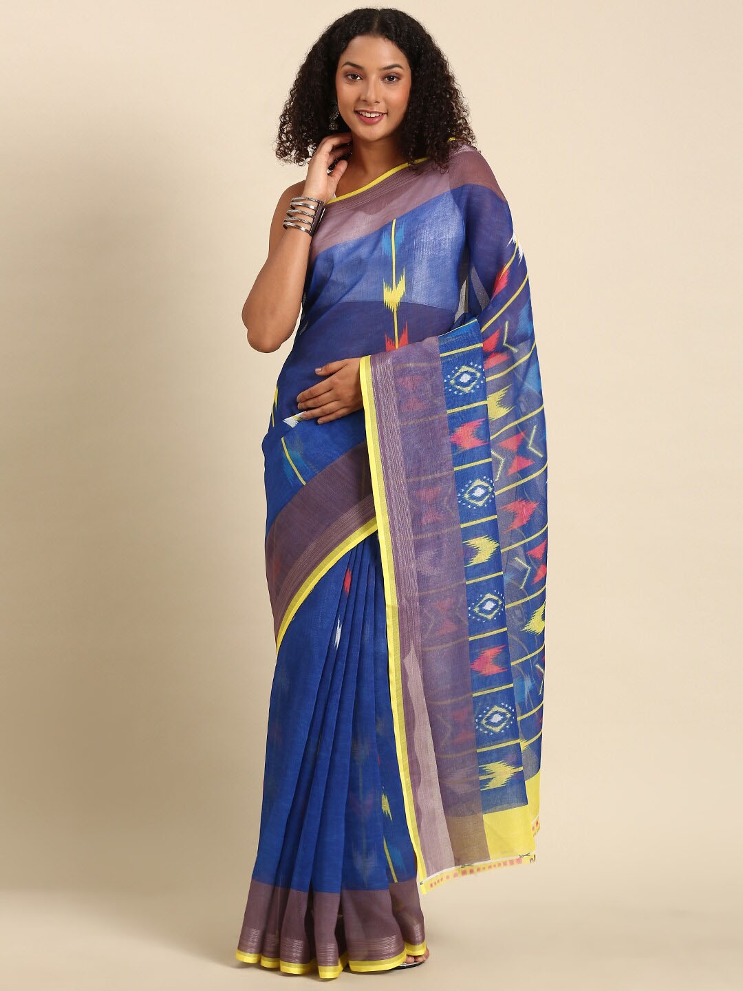 

Anouk Blue & Yellow Ethnic Motifs Zari Printed Saree