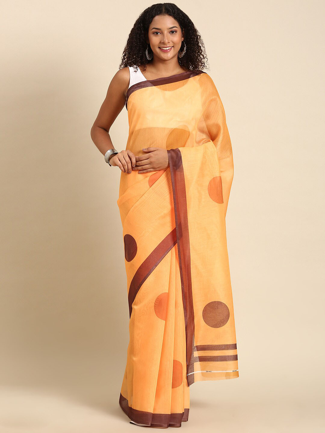 

Anouk Mustard & Brown Polka Dot Pure Cotton Saree