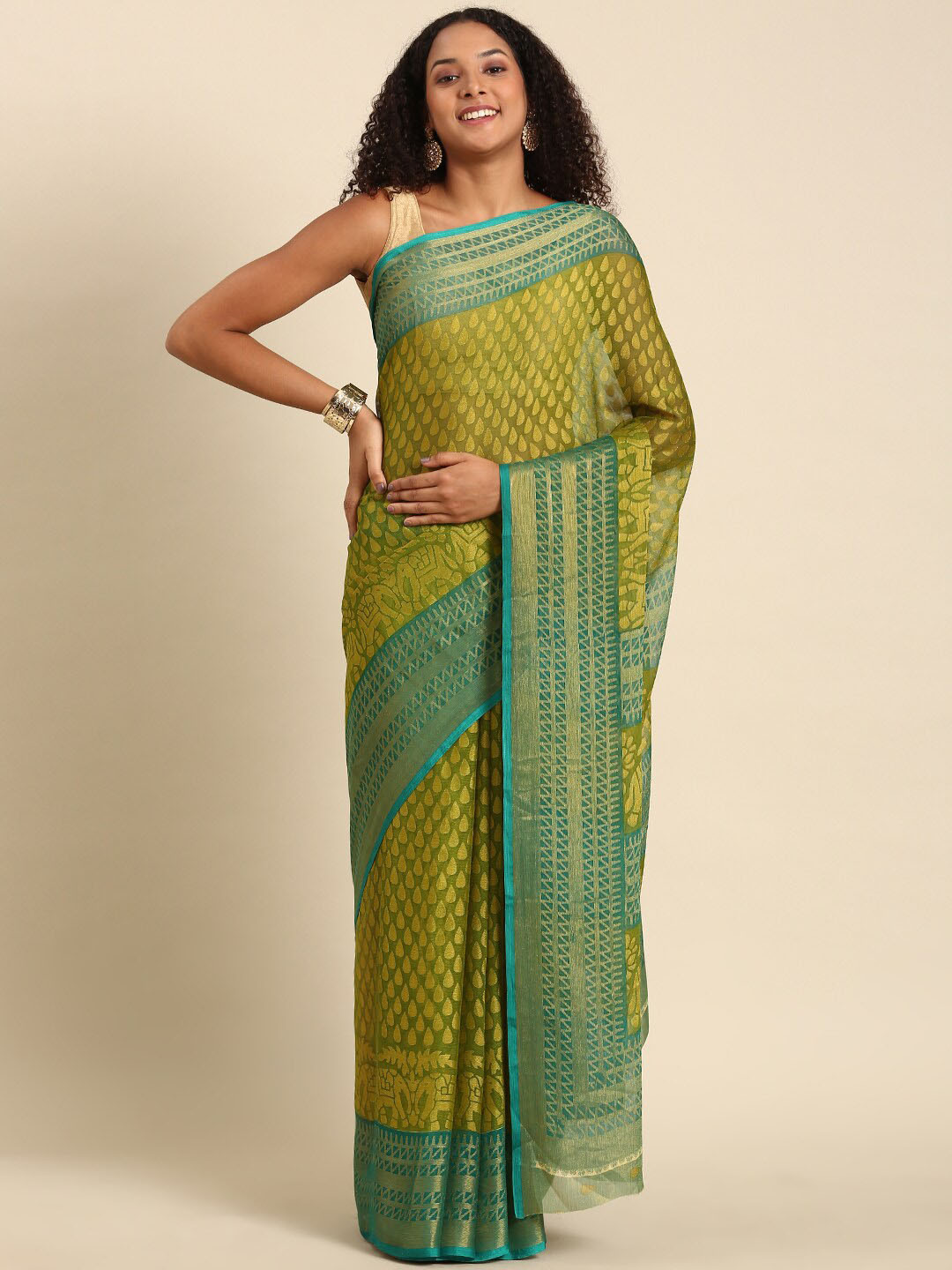 

Anouk Lime Green & Turquoise Blue Ethnic Motifs Printed Pure Chiffon Saree