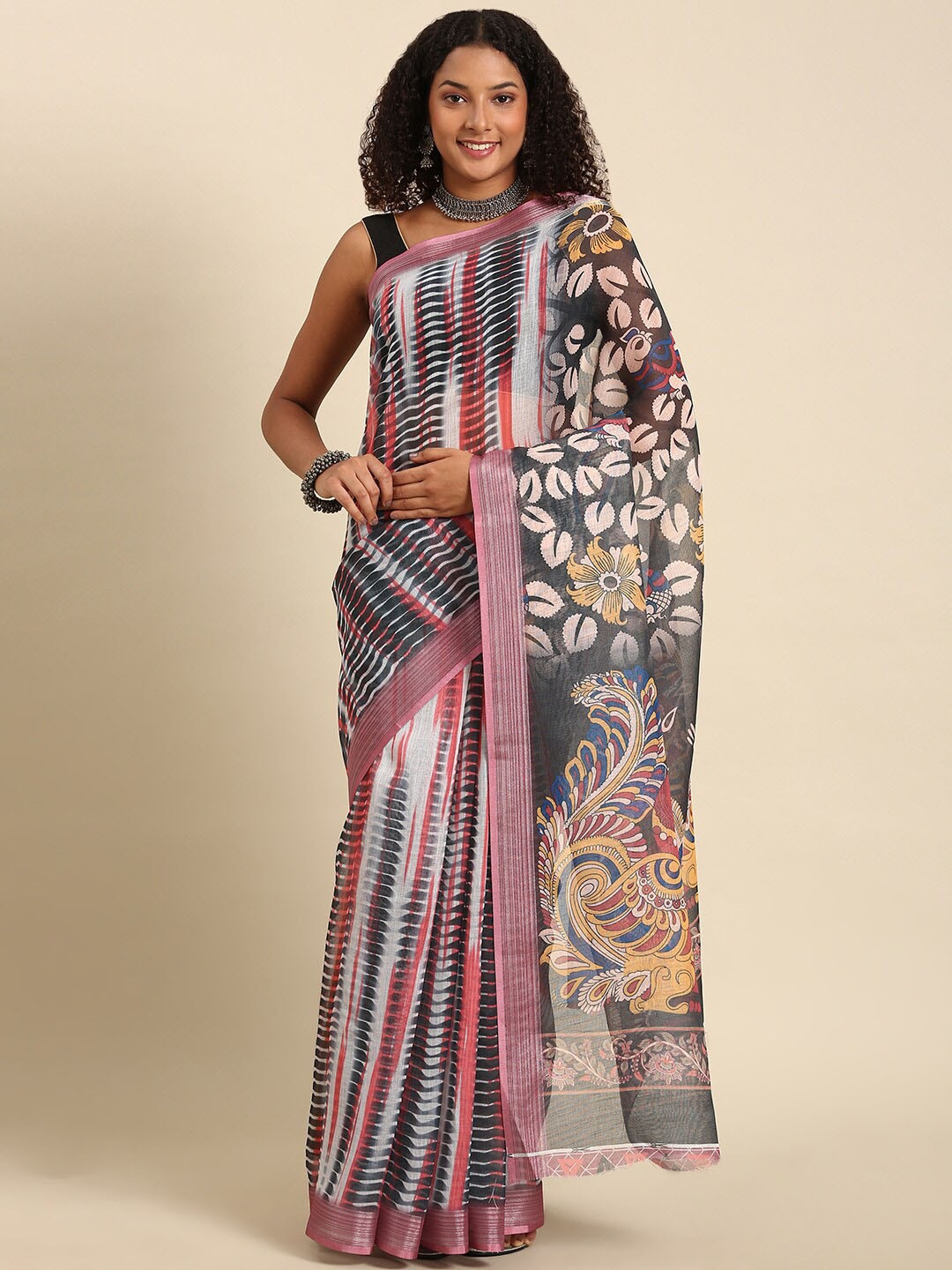 

Anouk Red & Grey Abstract Printed Zari Saree