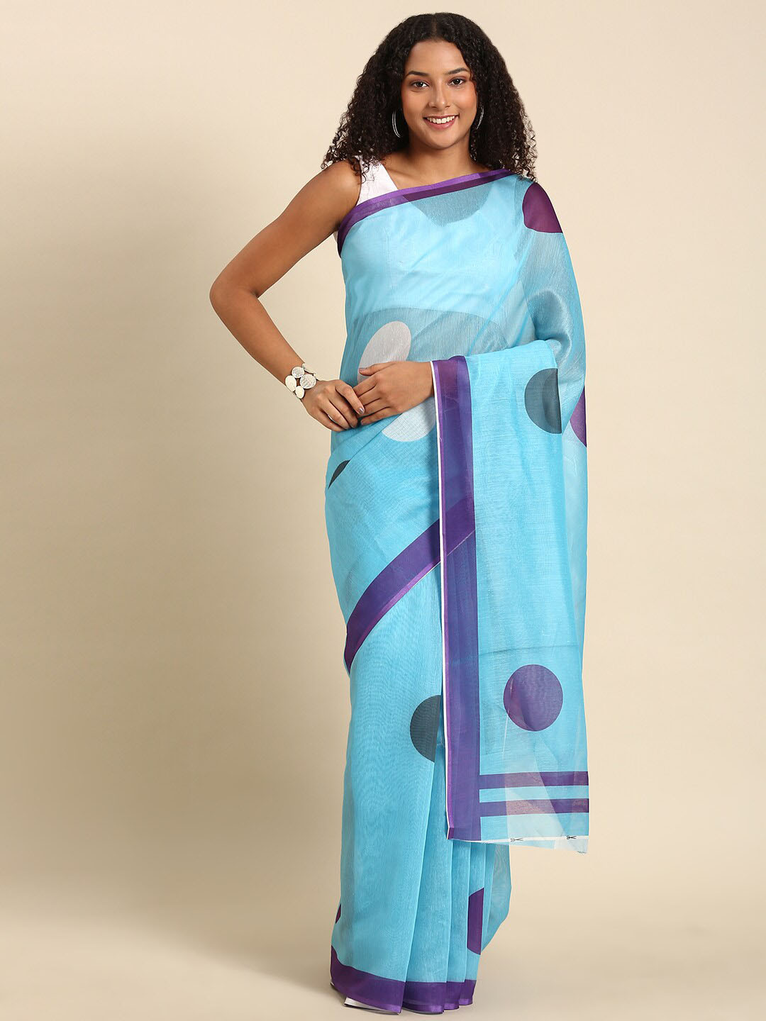 

Anouk Turquoise Blue & Purple Polka Dot Pure Cotton Saree